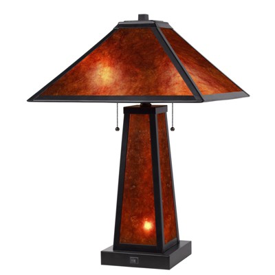 24" Burnt Orange Metal Two Light Table Lamp with Amber Square Shade