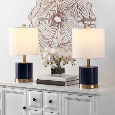 Jayce Navy Blue Glass Table Lamp Set with White Shades