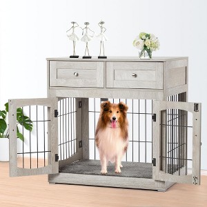 Wooden Dog Crate Furniture 39.4" with 2 Drawers, 3-Door Kennel & Removable Cushion, Pet Cage House & End Table for Small to Large Dogs - 1 of 4