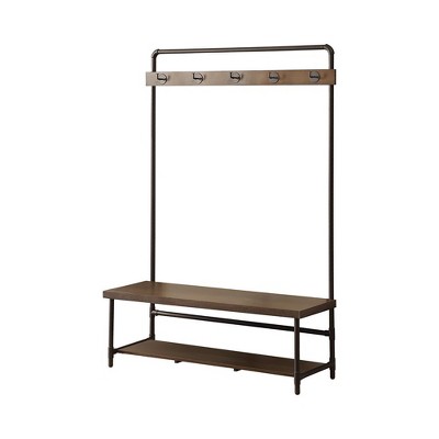 TiramisuBest Natural Oak Hall Tree: Multistorage Marvel with 1 Mirror and Adjustable Legs for Customized Functionality!