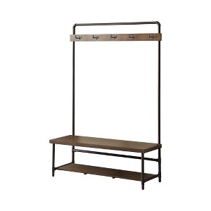 TiramisuBest Natural Oak Hall Tree: Multistorage Marvel with 1 Mirror and Adjustable Legs for Customized Functionality! - 1 of 4