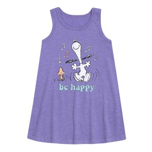 - Peanuts - Be Happy Snoopy And Woodstock Graphic Sleeveless Aline Dress - 1 of 3