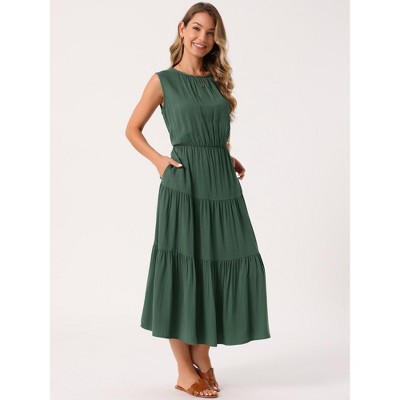 Женские платья INSPIRE CHIC Women's Summer Sleeveless Crewneck Tiered Casual Flowy Midi Sundress with Pockets Medium Army Green — фото 3
