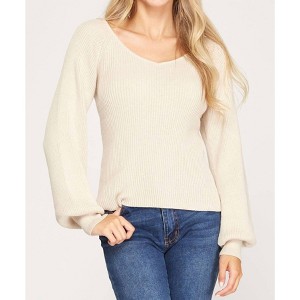 Women's Long Sleeve Knit Sweater Top - SHE + SKY - 1 of 3