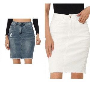 INSPIRE CHIC Women's Basic Distressed High Waist Ripped Hem Washed Jeans Skirt 2 Packs - 1 of 4