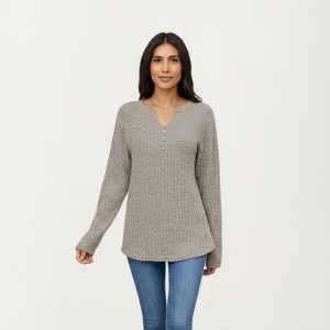 Anna-Kaci Women's Long Sleeve Ribbed Knit Top with Button Front Detail and Curved Hem - 1 of 4