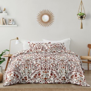 Sweet Jojo Designs Queen Duvet Cover and Shams Set Boho Floral Wildflower Ivory Orange Burgundy 3pc - 1 of 4