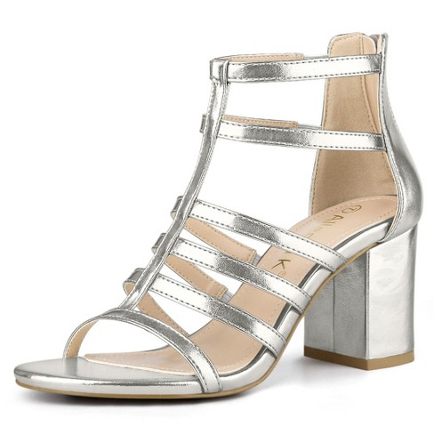 Silver strappy block online heels