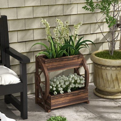 Rustic Dark Brown Wooden Wagon Wheel Planter Box