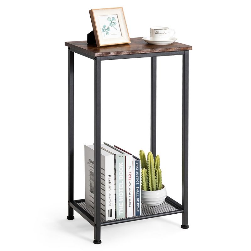 Costway 2-Tier Industrial Side End Accent Telephone Table w/Mesh Shelf Rustic Brown, 1 of 11