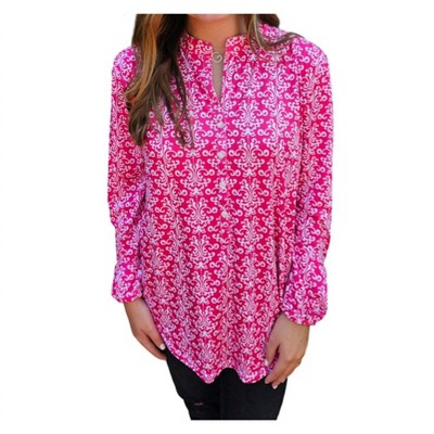Women's PRINT PULLOVER TOP WITH BUTTON DETAIL - Erma’s Closet