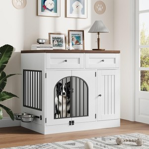37" Wooden Dog Crate Furniture, Indoor Dog Kennel with Storage & Feeding Bowls, End Table Dog House for Small to Medium-Large Dogs, White - 1 of 4