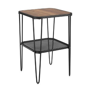 Industrial Hairpin Leg Side Table with Metal Mesh Shelf Dark Walnut - Saracina Home, Dark Brown
