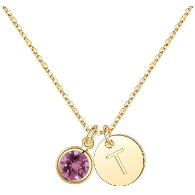 Personalized Birthstone Necklace 14K Gold Plated Initial Disc Jewelry Gift