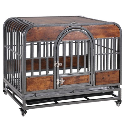 46in Dog Kennel Furniture, Heavy Duty Dog Crate with Removable Trays and Wheels, Metal Dog Crates for Large Dogs