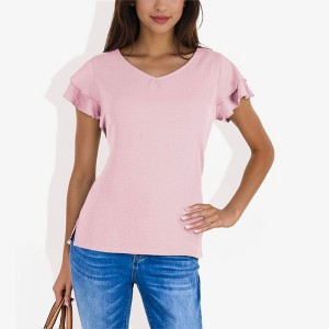Anna-Kaci Women's V-Neck Short Sleeve Shirt with Soft Ruffle Sleeves and Textured Fabric for a Feminine Casual Look - 1 of 4