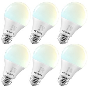 Luxrite A19 LED Light Bulb 60 Watt Equivalent, CRI90, 5CCT 2700K 3000K 3500K 4000K 5000K, Dimmable, 800LM, 9W, E26 Base, ETL Listed 6 Pack - 1 of 4