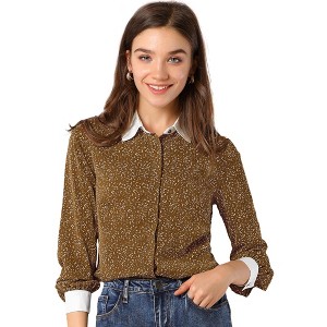 Allegra K Women's Point Collar Long Sleeve Dots Printed Button Down Shirt - 1 of 4