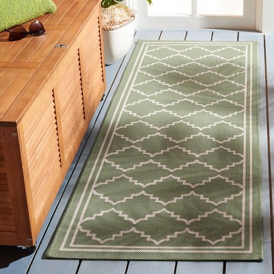 Green and Beige Trellis Synthetic Outdoor Runner Rug
