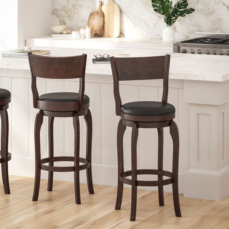 Merrick Lane 30" Classic Wooden Open Back Swivel Bar Height Pub Stool with Upholstered Padded Seat and Integrated Footrest, 3 of 13