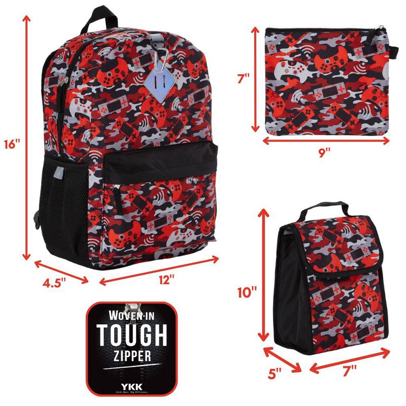 RALME Red Camo Gaming Backpack Set for Boys & Girls, 16 inch, 6 Pieces - Includes Foldable Lunch Bag, Water Bottle, Key Chain, & Pencil Case, 3 of 10