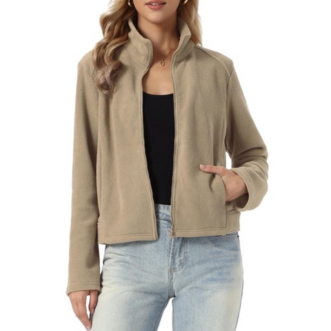 INSPIRE CHIC Women's Zip Up Funnel Neck Long Sleeve Solid Color Seam Pockets Casual Plush Warm Coat X-Large Khaki
