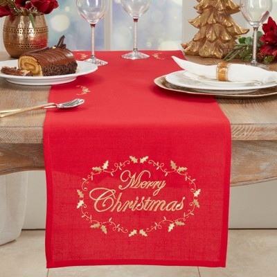 Red Polyester Merry Christmas Embroidered Table Runner