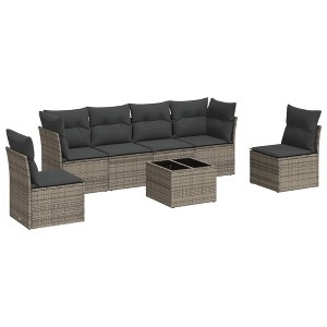 vidaXL 7 Piece Patio Sofa Set with Cushions Gray Poly Rattan - With Table - 1 of 4