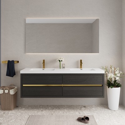 Whisen Pre-Assembled Floating Wall-Mounted Bathroom Vanity with Stone Resin Sink, U-Shaped Storage Drawers