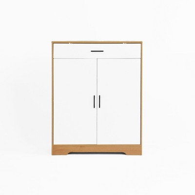 Lirago,31.49"L*15.74"W*39.4"H,4-Tier Shoe Cabinet with Drawer & Adjustable Shelves - Natural & White Entryway Storage Organizer