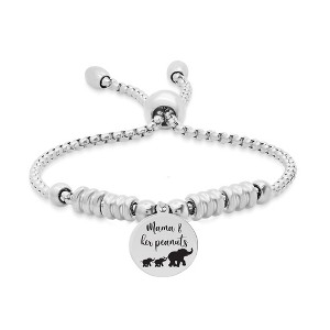 Steeltime Ladies stainless steel box chain drawsting bracelet with "Mama & her peanuts" elephant charm and stainles steel beads. - 1 of 4