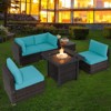 Tangkula 6 Piece Patio Wicker Conversation Set, Outdoor Rattan Sofa Set w/ 32" Propane Fire Pit Table, 50,000 BTU Heat, Tempered Glass Tabletop Black/Navy Blue/Red/Turquoise/Off White - image 2 of 4