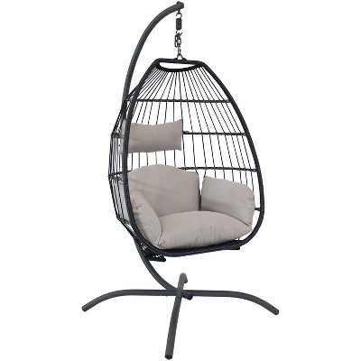 Sunnydaze Outdoor Resin Wicker Patio Oliver Lounge Hanging Basket Egg Chair Swing with Cushions, Headrest, and Steel Stand Set - Gray - 3pc