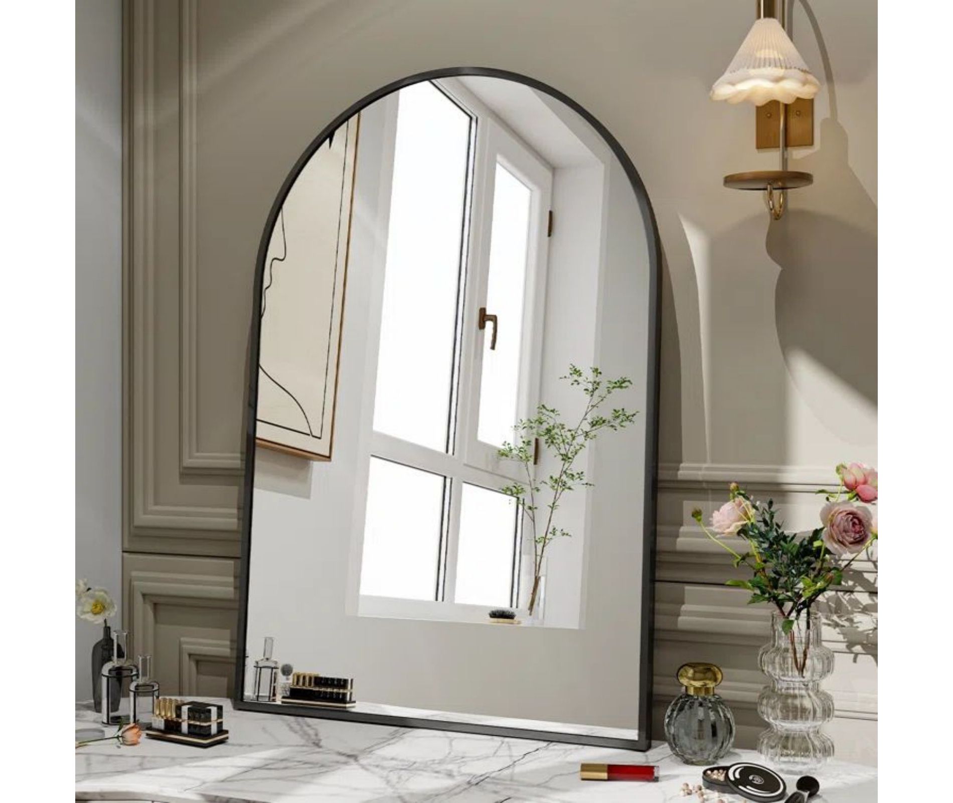 24" x 36" Arched Mantle Mirror, Black-HOMLUX: Metal Frame, Wall Mount, Modern Decor