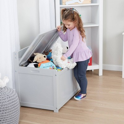 Gray Wooden Toy Chest with Safety-Hinged Lid