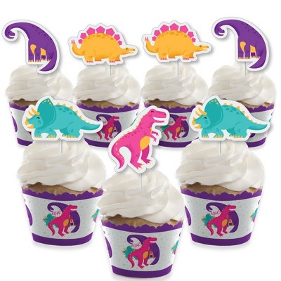 Big Dot of Happiness Roar Dinosaur Girl - Cupcake Decor - Dino Mite Trex Baby Shower or Birthday Party Cupcake Wrappers & Treat Picks Kit - Set of 24