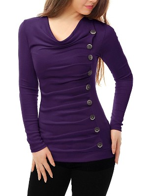 Allegra K Women's Cowl Neck Long Sleeves Buttons Decor Solid Ruched Top