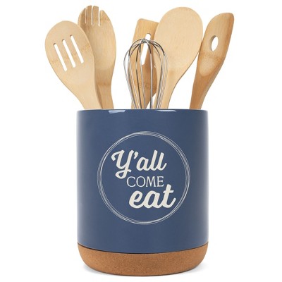 Elanze Designs Y'all Come Eat Southern Accent Ceramic Cork Bottom Navy Blue Large Capacity Utensil Holder Crock for Countertop Storage, Stylish &