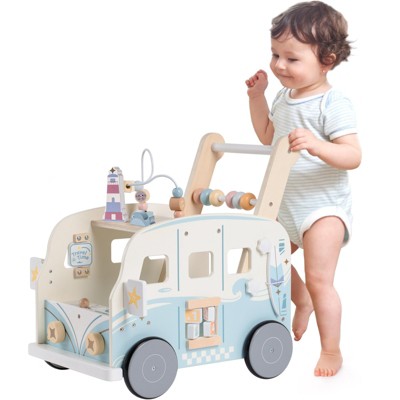 ROBOTIME Baby Push Walker Wooden Furniture Multi-Functional Toy Vacaction Bus for Boys Girls Kids Gift, Blue, 11.6''*24.8''*33.7''