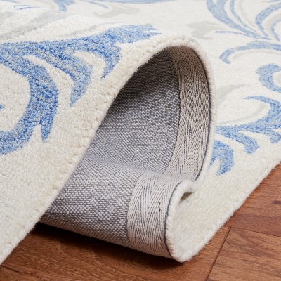 Ivory and Blue Floral Handmade Wool Area Rug, 4' x 6'