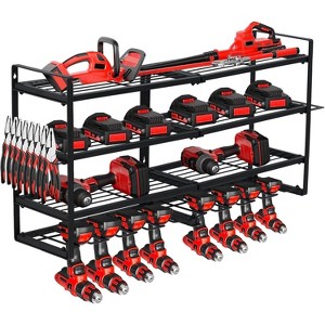 4-Layer Power Tool Organizer Wall Mount, Heavy Duty Garage Rack with 8 Drill Holders, Utility Shelf, 400LBS Capacity - 1 of 4