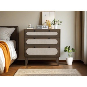 Zstar Rattan 3 Drawer Dresser, Modern Farmhouse Wooden Chest with 3 Drawers, Rattan Wooden Narrow Bedside Nightstand, Accent Side Table - 1 of 4
