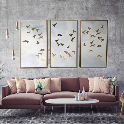 Golden Birds Triptych Floating Framed Canvas Wall Art