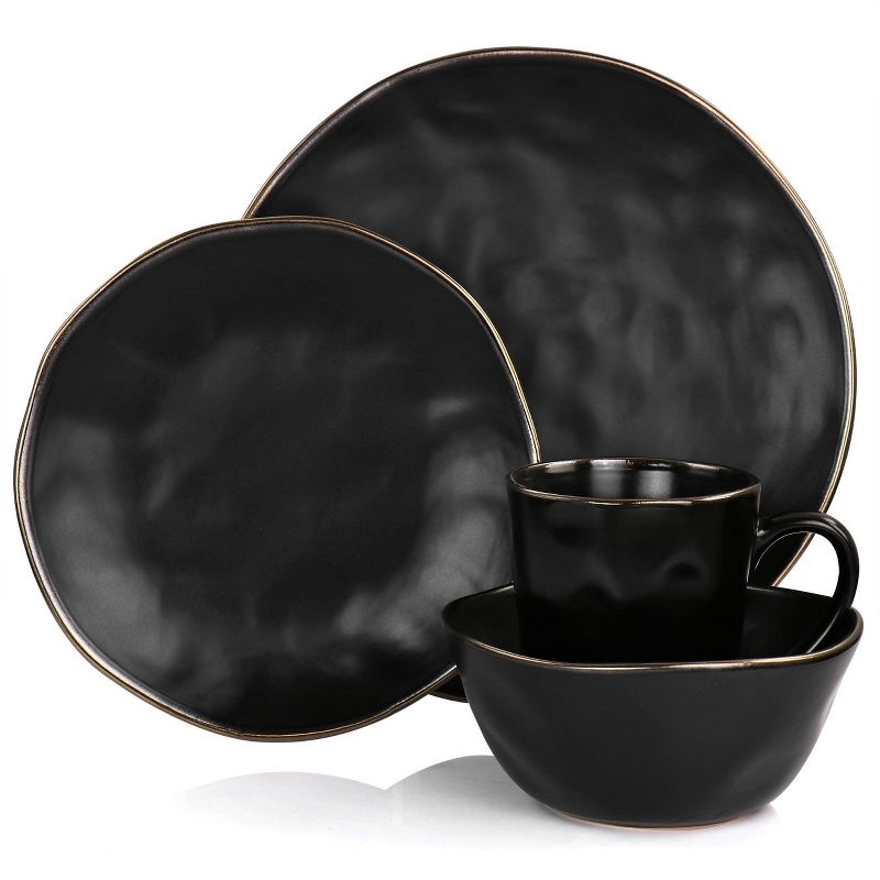 16pc Modern Stoneware Dinnerware Set with Rim Matte Black/Gold - Elama, 2 of 10