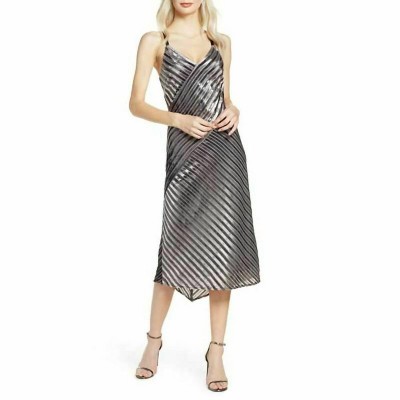 Women's Metallic Stripes V Neck Cocktail Slip Midi Dress - Harlyn