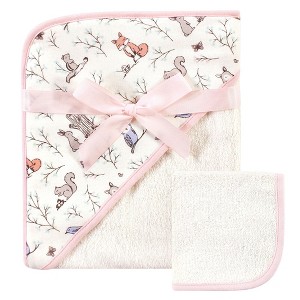 Hudson Baby Infant Girl Cotton Hooded Towel and Washcloth 2pc Set, Enchanted Forest, One Size - 1 of 2