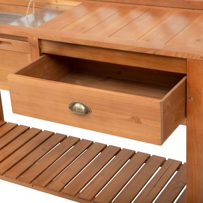 Natural Solid Wood Outdoor Potting Bench with Metal Screen and Storage