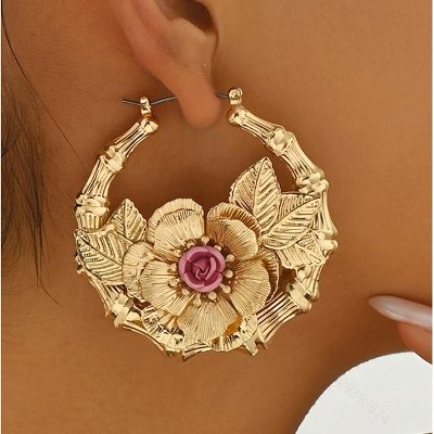 Paaaawaters Gold-Toned Pure Iron Floral Hoop Earrings, Handmade Leaf & Pink Flower Jewelry For Women