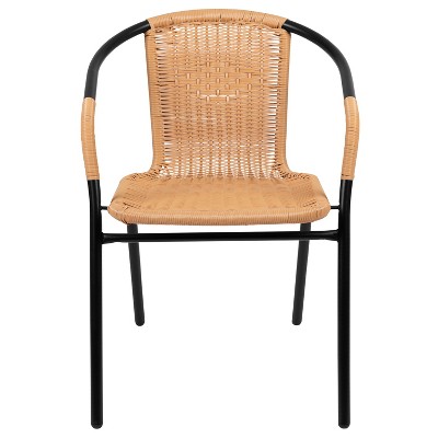 Beige Rattan and Black Steel Patio Dining Chairs, Set of 2
