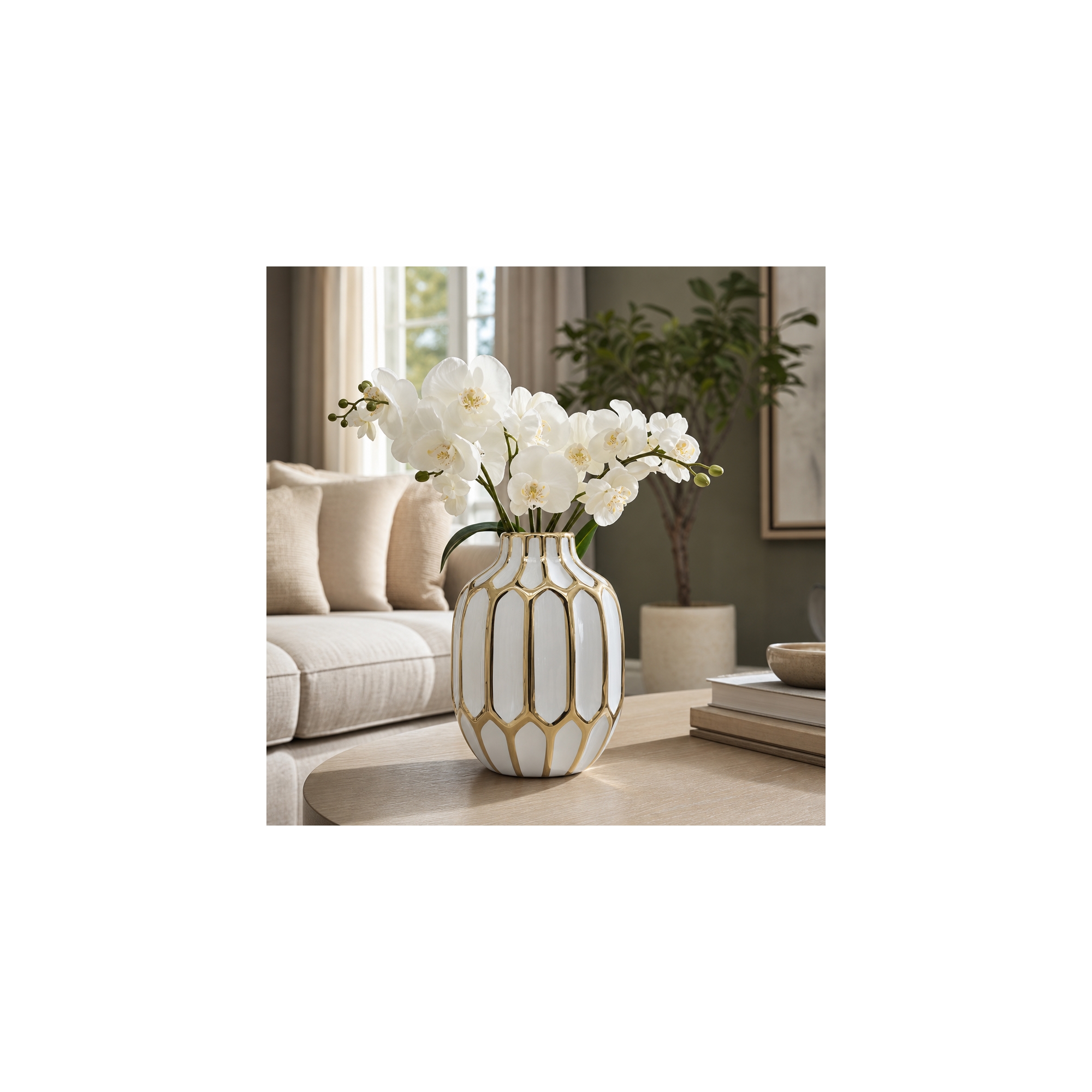 Fluted Sculptural Stoneware Ceramic Table Vase for Shelves or Bedroom Accent - Elegant Flower Vase for Modern Home Table Decor Piece - 8", White